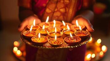 ai gerado festivo brilho do diwali argila lâmpadas dentro dourado luz foto