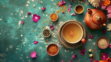 ai gerado tradicional Oriental chá conjunto com colorida floral pano de fundo foto