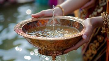 ai gerado gracioso mãos segurando a ornamentado ritual água tigela foto