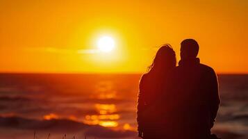 ai gerado casal desfrutando uma majestoso pôr do sol em a de praia foto