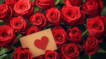 ai gerado romântico vermelho rosas com em forma de coração cartão para dia dos namorados dia foto
