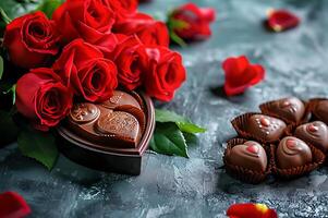 ai gerado celebração estilo do namorados dia rosas e chocolate foto