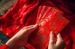 ai gerado dinheiro dentro vermelho envelopes para estar distribuído para Boa sorte durante chinês Novo ano foto