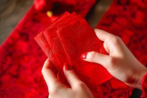 ai gerado dinheiro dentro vermelho envelopes para estar distribuído para Boa sorte durante chinês Novo ano foto