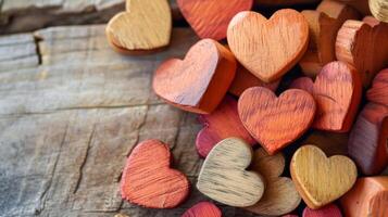 ai gerado sortido de madeira corações em rústico superfície, simbolizando amor e harmonia - perfeito para dia dos namorados dia. foto