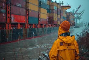 ai gerado homem dentro amarelo Jaqueta carrinhos dentro frente do ampla recipiente navio dentro porta foto