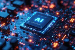 ai gerado microchip com ai logotipo texto irradiando pulso do azul energia para de outros circuitos artificial inteligência o circuito linha estilo. máquina Aprendendo Projeto. inteligente rede digital tecnologia. ai. foto