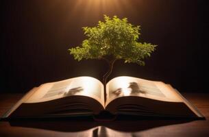 ai gerado internacional dia do poetas e escritoras, mundo livro e direito autoral dia, verde árvore cresce a partir de a aberto livro, Magia livro, Sombrio fundo, Sol raios foto