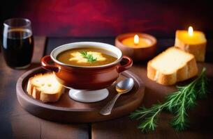 ai gerado st. patrick's dia, tradicional irlandês pastelaria, nacional irlandês cozinha, cebola sopa com irlandês porteiro e queijo croutons, creme sopa com cerveja, luz de velas jantar foto