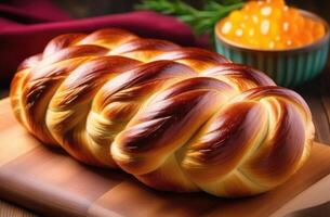 ai gerado purim, caseiro trançado Challah pão, purim pastelaria, nacional judaico cozinha, tradicional judaico prato, tradicional shabat Challah foto