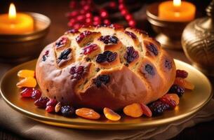 ai gerado nacional galês cozinha, st. David dia, volta tradicional bara brith, lindo servindo, especiarias e seco frutas, de dar água na boca foto