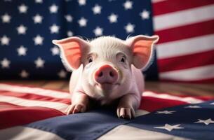 ai gerado nacional porco dia dentro a EUA, pequeno porco, casa fazenda, animal pecuária, agricultura, americano bandeira foto