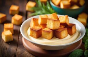 ai gerado st. David dia, nacional galês cozinha, fondue, derretido queijo molho, tradicional galês croutons, delicioso foto