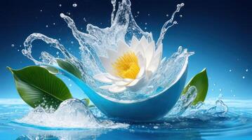 ai gerado tailandês Novo ano, Songkran, branco lótus, água salpicos em uma azul fundo foto