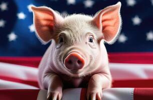 ai gerado nacional porco dia dentro a EUA, pequeno porco, agricultura, casa fazenda, animal pecuária, americano bandeira foto