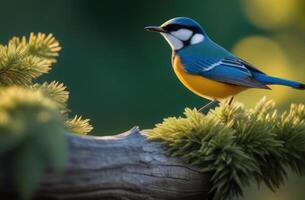 ai gerado mundo animais selvagens dia, uma pequeno azul pássaro com uma amarelo seio em uma filial, uma migratório pássaro foto