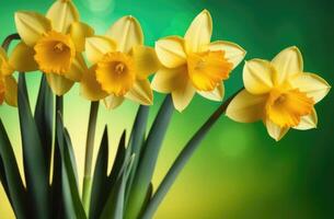 ai gerado st. David dia, mães dia, internacional mulheres dia, Primavera flores, ramalhete do amarelo narcisos, verde fundo foto