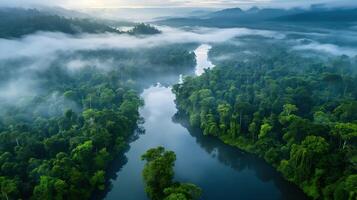 ai gerado manhã luz rompe sobre uma exuberante floresta tropical, com névoa pairando acima a enrolamento rio dentro isto tirar o fôlego aéreo Visão do uma vibrante ecossistema. foto