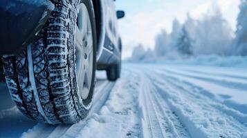 ai gerado fechar-se detalhe do uma carro com focado pneus dentro uma Nevado inverno paisagem, uma gelado cena, ai gerado. foto