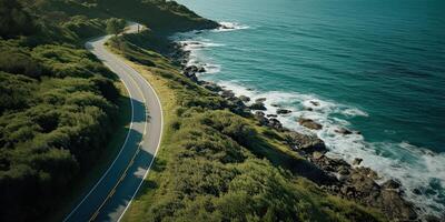 ai gerado lindo natureza ao ar livre aventura estrada viagem viagem estrada caminho rodovia com oceano mar costa foto