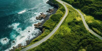 ai gerado lindo natureza ao ar livre aventura estrada viagem viagem estrada caminho rodovia com oceano mar costa foto