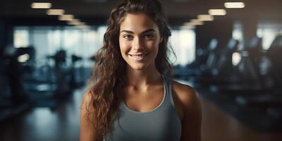 ai gerado em forma desportivo mulher menina fêmea atleta às Academia fundo dentro Boa forma e esporte roupa. retrato face com foto