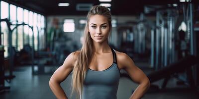 ai gerado em forma desportivo mulher menina fêmea atleta às Academia fundo dentro Boa forma e esporte roupa. retrato face com foto