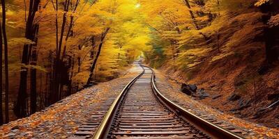 ai gerado trem Ferrovia caminho caminho transporte lado de fora natureza panorama visualizar. aventura outono estação foto