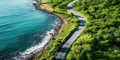 ai gerado lindo natureza ao ar livre aventura estrada viagem viagem estrada caminho rodovia com oceano mar costa foto