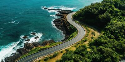 ai gerado lindo natureza ao ar livre aventura estrada viagem viagem estrada caminho rodovia com oceano mar costa foto