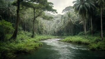 ai gerado uma tropical denso floresta com uma rio foto