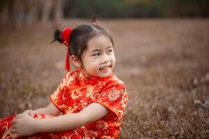 alegre jovem menina com adorável vermelho cabelo pães vestindo uma vibrante tradicional chinês cheongsam vestir ao ar livre dentro a jardim parque. chinês dia conceito. foto