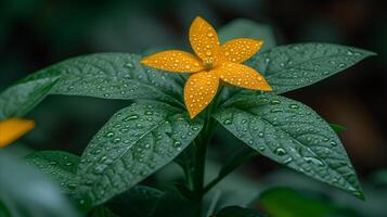 ai gerado vibrante amarelo flor com água gotas em verde folhas foto