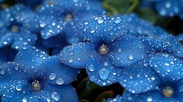 ai gerado fechar-se do azul flores com orvalho gotas em pétalas depois de chuva foto