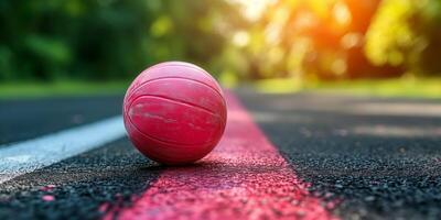 ai gerado vermelho basquetebol em ao ar livre quadra com vibrante pôr do sol fundo foto