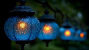 ai gerado elegante azul vidro lanternas iluminado dentro crepúsculo ambiente foto