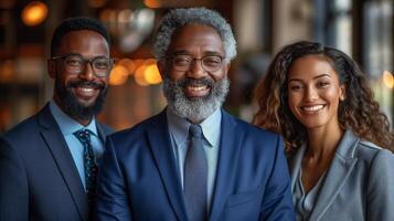 ai gerado profissional equipe retrato confiante pessoas de negócio sorridente dentro escritório foto