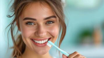 ai gerado jovem mulher sorridente com uma escova de dente, dental Cuidado e higiene conceito foto