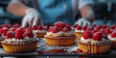 ai gerado fechar-se do Bolinho bandeja com framboesa coberturas foto