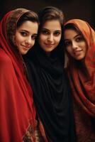 ai gerado três muçulmano mulheres em pé juntos foto
