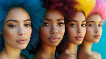 ai gerado diverso grupo do mulheres com vários colori cabelo foto