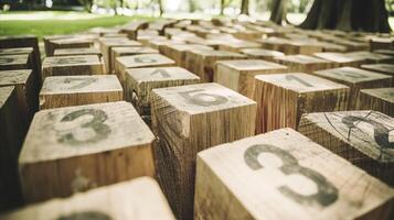 ai gerado de madeira blocos com números dentro ao ar livre contexto, Educação conceito foto