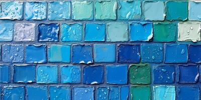 ai gerado refrescante azul e verde mosaico azulejos com água gotas textura foto