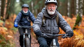 ai gerado dois Mais velho homens equitação bicicletas dentro a madeiras foto