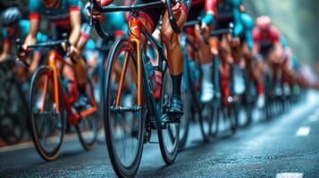 ai gerado grupo do pessoas equitação bicicletas baixa uma rua foto