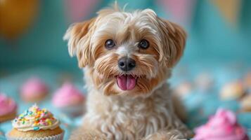 ai gerado fofa pequeno cachorro com colorida bolos de copo a comemorar uma aniversário festa foto