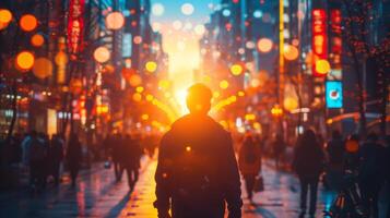 ai gerado recortado pessoa caminhando dentro uma vibrante cidade rua às noite foto