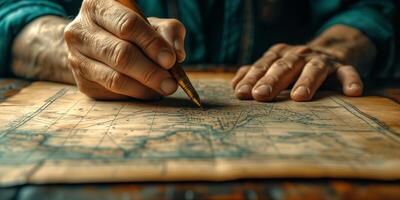 ai gerado Senior mãos escrevendo em a antigo mapa com uma fonte caneta foto