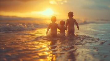 ai gerado crianças caminhando para dentro oceano às pôr do sol foto
