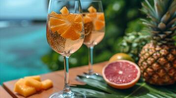 ai gerado refrescante tropical beber dentro uma vidro ao lado fresco abacaxi e citrino frutas foto